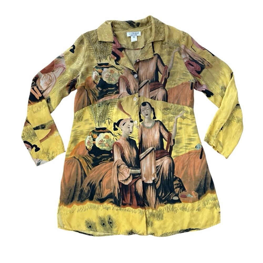 Vintage Citron Asian Inspired Silk Button Tunic Top - M